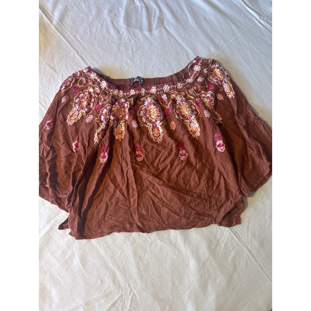 Democracy Blouse Womens M Brown Embroidered Off Shoulder B3810H81E